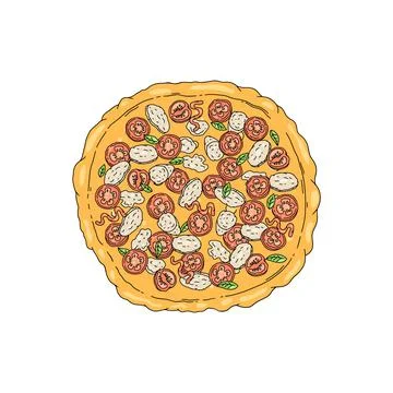 Pizza top view with meat and tomato, sketch vector illustration isolated. 스톡 일러스트