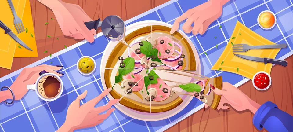 Pizza top view on table with dip sauce vector Illustrazione stock