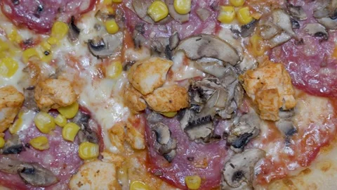 Pizza toppings macro close up for restaurant menu background with cheese Stock Footage 336460302
