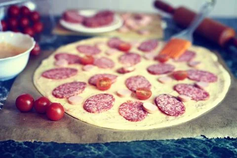 Pizza toppings macro prepare Stock Photos