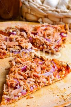 Pizza with tuna and onions Stock Photos