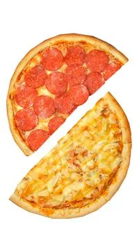 Pizza, two halves isolated on a white background. Versus concept. Appetizing  Stock Photos