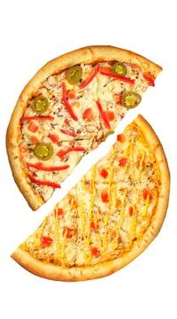 Pizza, two halves isolated on a white background. Versus concept. Appetizing  Stock Photos