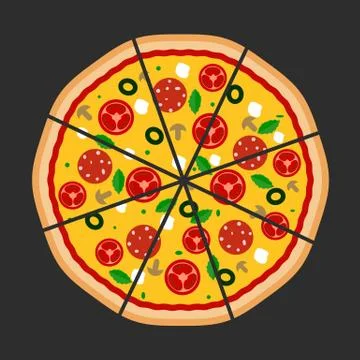 Pizza vector flat icons isolated on dark background. Illustrazione stock