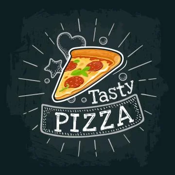 Pizza. Vector flat illustration with engraving rays, lettering, bubble Illustrazione stock