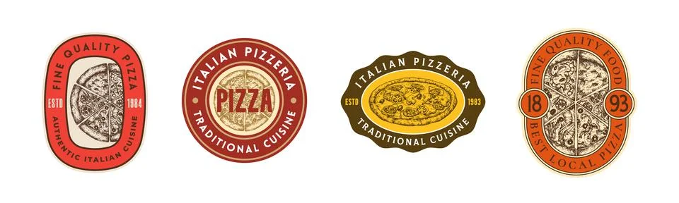Pizza Vector Label Templates Set. Italian Cuisine Abstract Signs Frames Logos Illustrazione stock