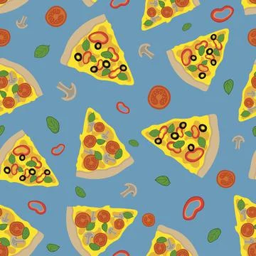 Pizza with vegetables seamless pattern on blue background Stock Illustration