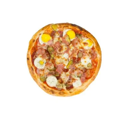 Pizza on a white background with eggs, ham, salami, cheese, pickles and spices. Stock Photos