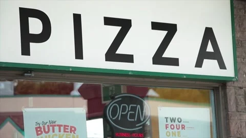 Pizza word caption text writing sign above window with animated flashing Stock Footage 250281727