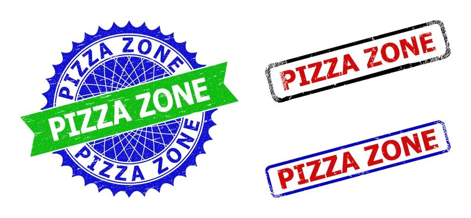 PIZZA ZONE Rosette and Rectangle Bicolor Badges with Corroded Styles Stock Illustration