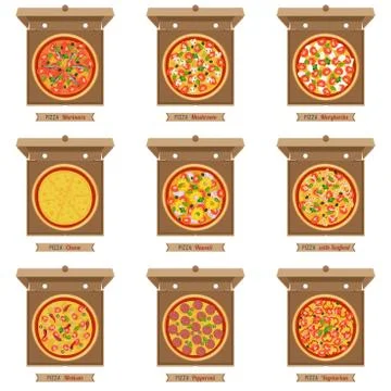 Pizzas and opened cardboard boxes. Stock Illustration