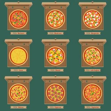 Pizzas in the opened cardboard boxes. Stock Illustration