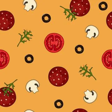 Pizza's seamless pattern with ingredients, sausage, tomatoes, mushrooms, olives. Stock Illustration