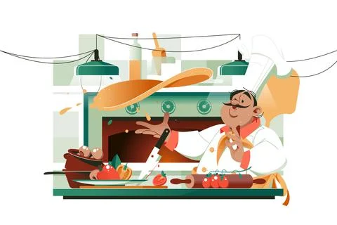 Pizzeria composition with chefs bake pizza Stock Illustration
