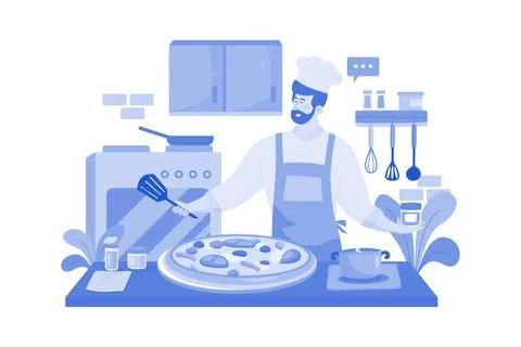 Pizzeria Composition With Chefs Baking Pizza Stock Illustration