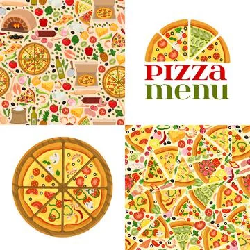 Pizzeria menu pattern set, vector illustration. Printable flyer banner with half Stock Illustration