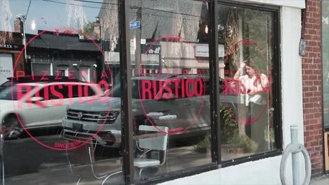 Pizzeria rustico since 2004 three circle red sign logos in windows Stock Footage 251355436