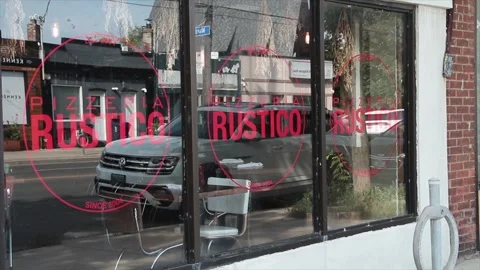 Pizzeria rustico since 2004 three circle red sign logos in windows Stock Footage 251355464