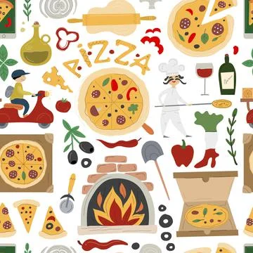 Pizzeria Seamless Pattern Background. Pizza Make and Delivery design elements Stock Illustration