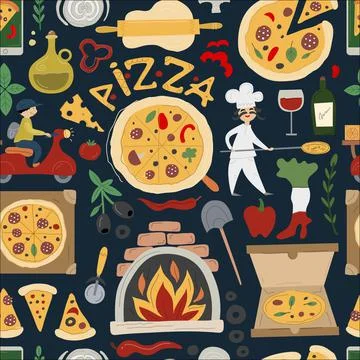 Pizzeria Seamless Pattern Background. Pizza Make and Delivery design elements Stock Illustration