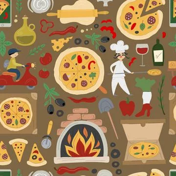 Pizzeria Seamless Pattern Background. Pizza Make and Delivery design elements Stock Illustration