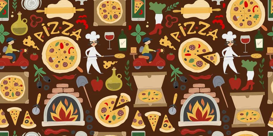 Pizzeria Seamless Pattern Background. Pizza Make and Delivery design elements イラスト素材
