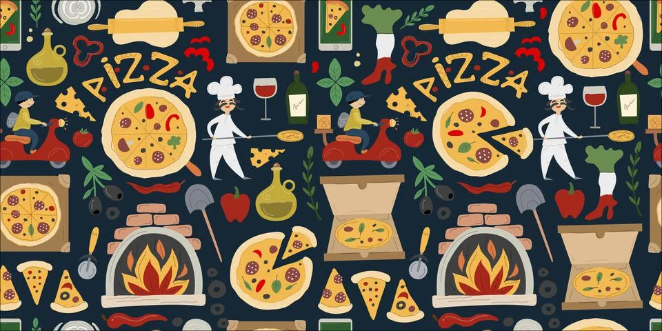 Pizzeria Seamless Pattern Background. Pizza Make and Delivery design elements 스톡 일러스트
