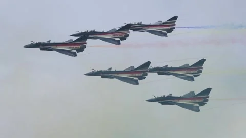 PLA Air Force, August 1st Aerobatic Team, J-10 fighters at Airshow China 2024 Stock Footage 300669655