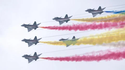 PLA Air Force, August 1st Aerobatic Team, J-10 fighters at Airshow China 2024 Stock Footage 300669671