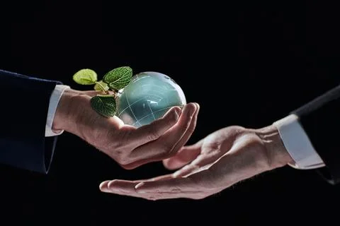Plabt Growing inside a Sphere - Hand Holding - Eco Concept Stock Photos
