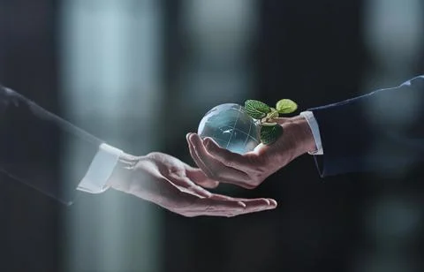 Plabt Growing inside a Sphere - Hand Holding - Eco Concept Stock Photos