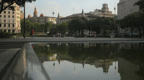 Placa de Catalunia buildings reflection in pool Barcelona HD Stock Footage 39902485