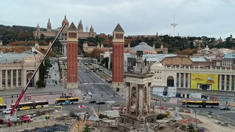 Plaça D'Espanya during construction work in Barcelona Stock Footage 328641422