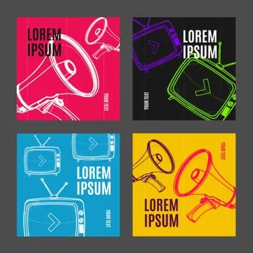 Placard, Poster or Flyer Template Set with Abstract Outline Megaphone and TV Stock-Illustration