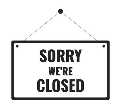 Placard with text sorry we are closed black and white 2D line cartoon object Stock Illustration