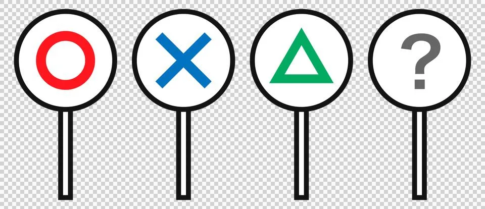 Placards with a circle, an X, a triangle, and a question mark drawn on them. Stock Illustration