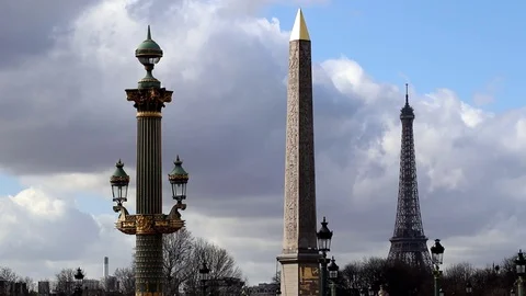 Place of Concorde (Place de la Concorde) with obelisk of Luxor and Eiffel Tower Stock Footage 104452825