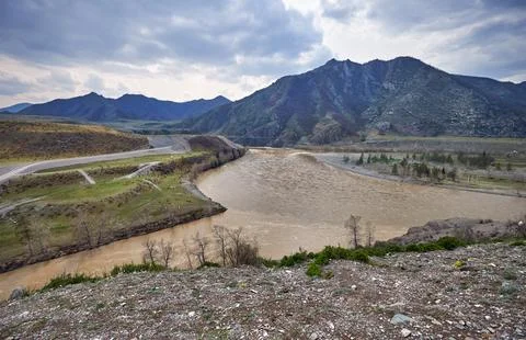 Place of the confluence of the rivers Katun and Chuya in Altai mountains. A.. Stock Photos