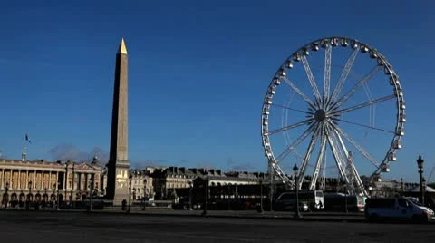 Place de la Concorde, Egyptian Obelisk, Ferris Wheel in Paris, France Stock Footage 10680982