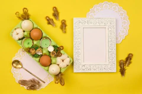 Place to insert a picture or text in a vintage frame with Easter decor Stock Photos
