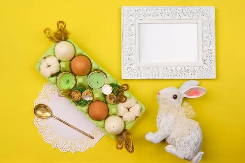 Place to insert in a vintage frame with Easter decor in a box Stock Photos