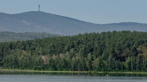 Place of meteorite fall. Chebarkul lake. Mountain forest. Panorama. Gray sky Stock Footage 73766702