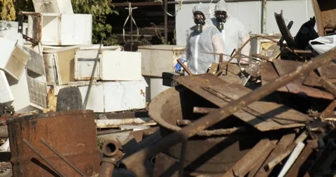 Place of pollution, checking environmental service, area littered with garbage Stock Footage 119052130