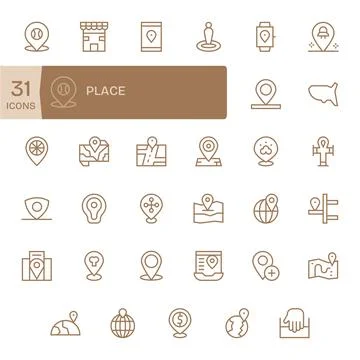Place Professional Vector Set with 35 Regular Line Display Perfect 256x256 .. Stock Illustration
