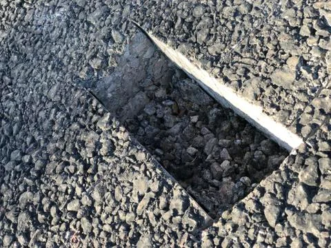 Place of sample of asphalt concrete coating. Kern Foto stock