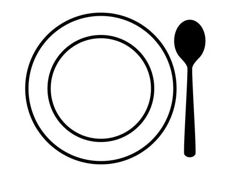 Place setting cutlery, spoon and plate silhouette shape, black and white Illustration