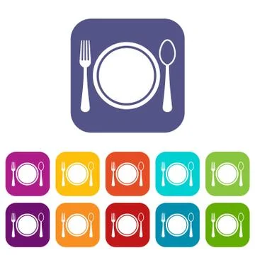 Place setting with plate,spoon and fork icons set Stock Illustration