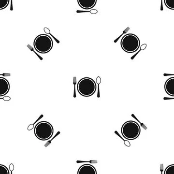 Place setting with plate,spoon and fork pattern seamless black Stock Illustration