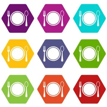 Place setting with plate,spoon and fork icon set color hexahedron Stock Illustration