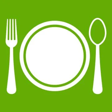 Place setting with plate,spoon and fork icon green Stock Illustration
